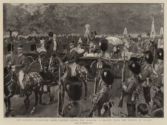 Die Abreise der Königin aus London nach dem Jubiläum, ein Salut des Prinzen von Wales